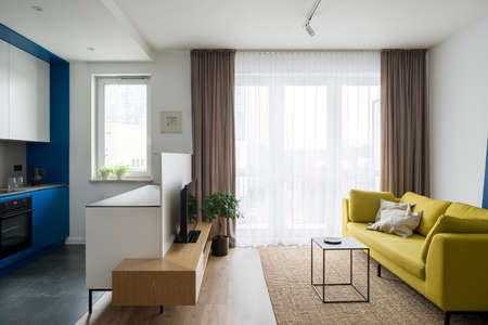 Modern designed and colorful apartment with stylish living room open to new kitchenの写真素材