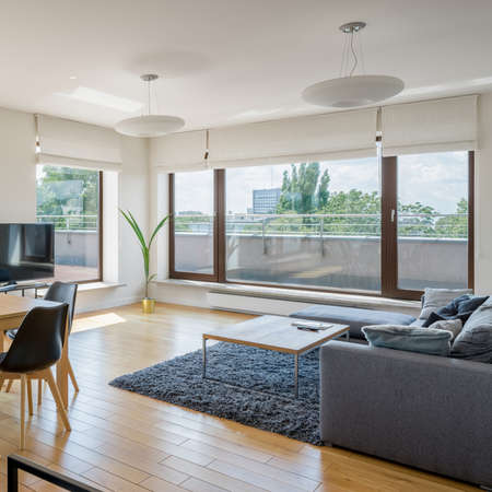 Window wall in spacious and bright living room with wooden floor, fluffy carpet and simple sofa with coffee tableの写真素材