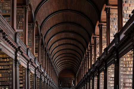 View of arched ceiling in the Long Room in Old Library of Trinity College in Dublin, Irelandの写真素材