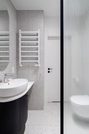 Modern bathroom with terrazzo tiles and reinforced glass and trendy oval washbasin with dark cabinet and oval mirrorの写真素材