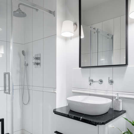 Small and elegant bathroom with shower behind glass wall and stylish washbasin with black and white cabinet with drawer and big mirror in black frameの写真素材