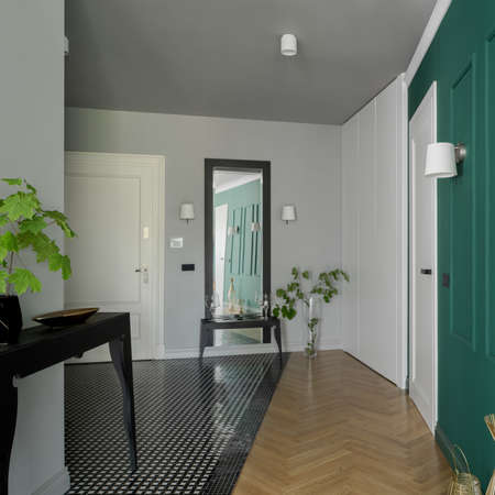 Spacious apartment corridor with split floor, part wooden and part in mosaic black and white tiles, stylish green wall, modern, black console table and big mirrorの写真素材
