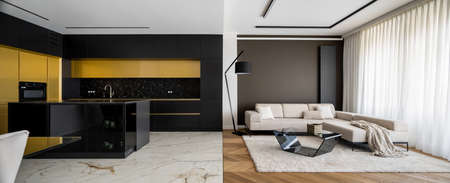 Panorama of elegant and spacious apartment with modern kitchen with black and gold furniture open to stylish living room with fancy couch and new coffee tableの写真素材