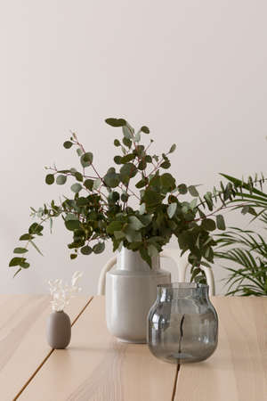 Stylish wooden table with delicate and elegant decorations, glass pot and vase with eucalyptus twigsの写真素材