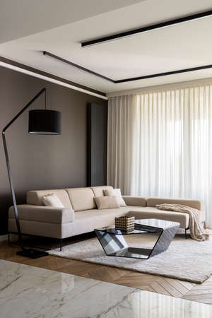 Elegant living room with stylish, beige, corner sofa, modern coffee table, simple black lamp and big windows behind curtainsの写真素材