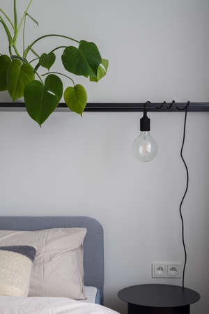 Lamp made from lightbulb on black shelf with houseplant in bedroom with cozy bed and black bedside tableの写真素材