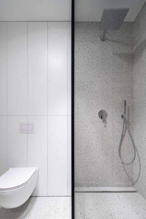 Modern and simple bathroom interior with terrazzo tile in shower cabin next to toiletの写真素材