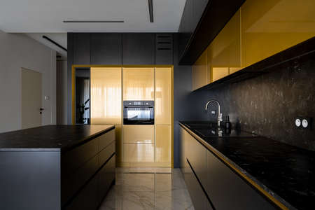 Modern and spacious kitchen with black and gold furniture, marble floor tiles and black countertops and backsplash and stylish kitchen islandの写真素材