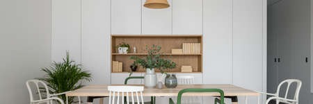 Panorama of elegant and stylish dining room with long wooden table, different and trendy, white and green chairs and white wall with cabinets and wooden shelfの写真素材