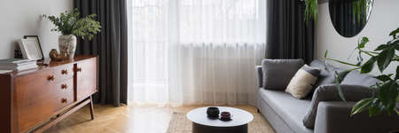 Panorama of eclectic design in small living room with modern couch, coffee table and decorations opposite to vintage style cupboardの写真素材