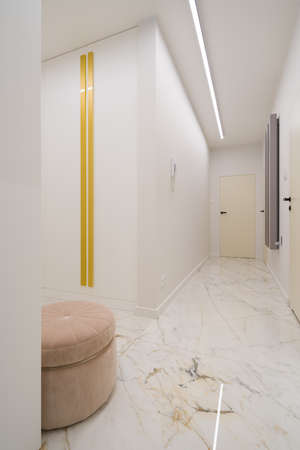 Elegant apartment corridor with marble floor tiles, modern ceiling light and stylish pink ottomanの写真素材