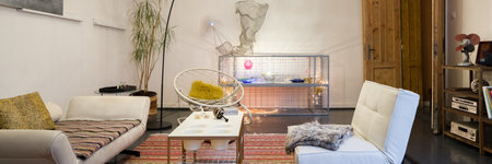 Panorama of colorful and artistic living room with modern and vintage furniture and eclectic decorationsの写真素材