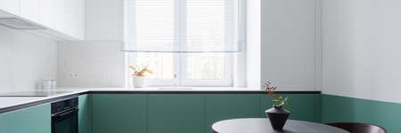 Panorama of modern kitchen half white and half green, with black dining table and big window with blindsの写真素材