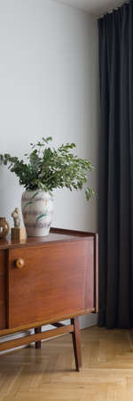 Vertical panorama of charming, vintage sideboard with decorations and big vase with plant in room with wooden floorの写真素材