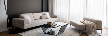 Panorama of stylish living room with elegant, big beige couch and seat, modern coffee table and window behind white curtainsの写真素材