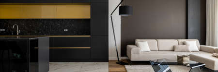 Panorama of modern kitchen with black and gold furniture and marble floor tiles open to elegant living room with comfortable beige sofaの写真素材