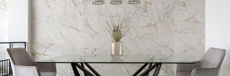 Panorama of stylish dining room with marble tiles on wall and big, modern glass table with two chairs and decorative vase with leafの写真素材