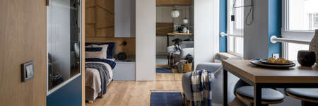 Panorama of modern and stylish single studio apartment with bedroom open to kitchen areaの写真素材