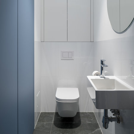 Simple lavatory with white and blue walls, gray floor tiles, mirror, small white washbasin and toiletの写真素材