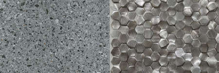 Panoramic close-up on terrazzo tile and small, silver hexagonal tiles on wall, architectural detailの写真素材