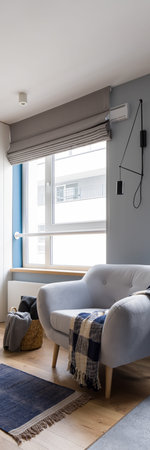 Vertical panorama of comfortable armchair with blanket, wicker basket and nice rug in room with big windowの写真素材