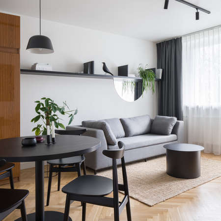 Simple living room with cozy, gray sofa, black coffee table on carpet, stylish decorations on shelf and modern, black dining table with black chairsの写真素材