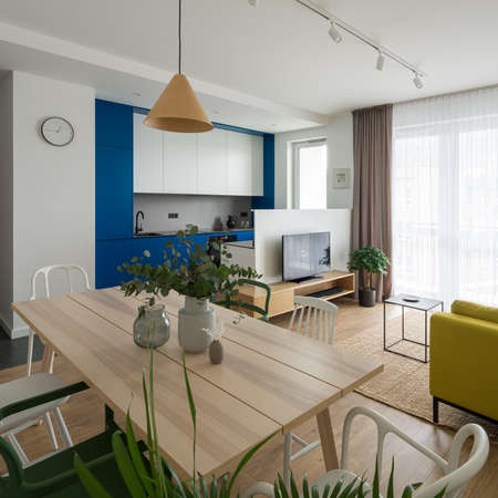Long, wooden dining table with different white and green chairs in modern apartment with small kitchen open to living room with tvの写真素材