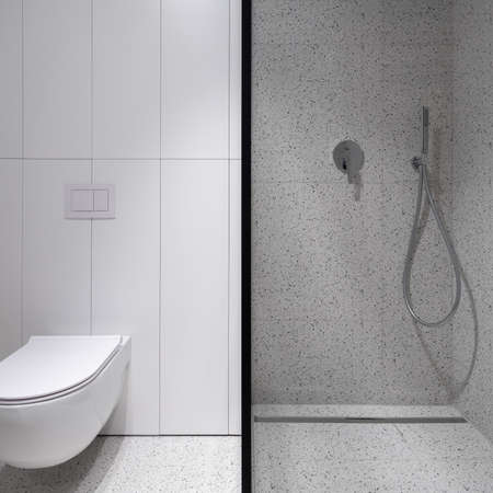 Spacious shower cabin next to toilet in modern and simple bathroom with terrazzo tilesの写真素材