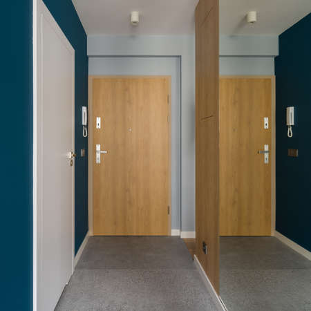 Stylish apartment corridor with mirror wall, modern terrazzo floor tiles and wooden front doorsの写真素材