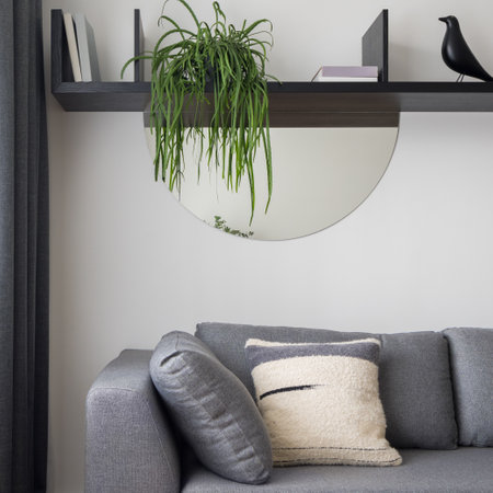Close-up on simple gray sofa with decorative pillows under modern black shelf with stylish decorations, books, plant and mirrorの写真素材