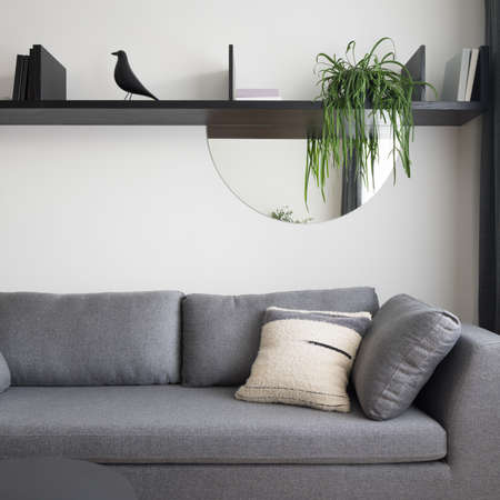 Close-up on cozy, gray sofa under black shelf with stylish decorations, plants, books and mirrorの写真素材