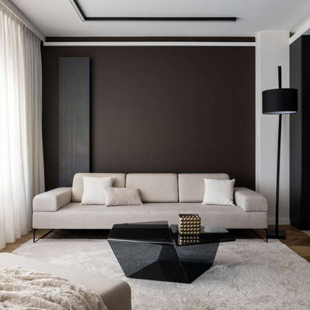 Elegant living room with beige couch, new coffee table and ceiling lighting and fluffy carpetの写真素材
