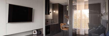 Panorama of stylish studio apartment with big tv, open kitchen with small table and shower behind glass wallの写真素材