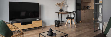 Panorama of stylish, open plan studio apartment with big tv in living room with home office area and wooden kitchenの写真素材