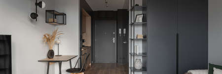 Panoramic view of stylish apartment for one, with home office and kitchen in corridorの写真素材