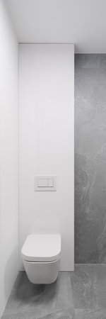Vertical panorama of simple toilet room with gray wall and floor tilesの写真素材
