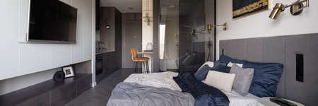 Panorama of modern, stylish and small open plan apartment with big cozy bed, small kitchen and shower behind glass wallの写真素材