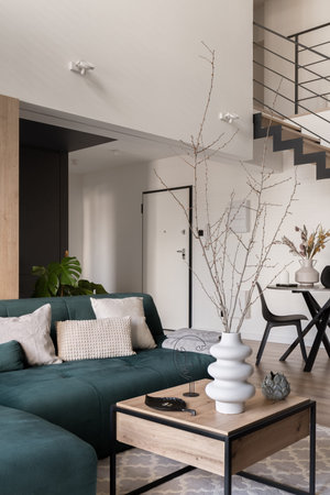 Stylish decorations on wooden coffee table in modern living room with cozy couch