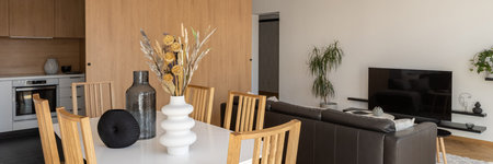 Panorama of stylish dining table in open plan apartment with kitchen, dining area and living room with tvの写真素材