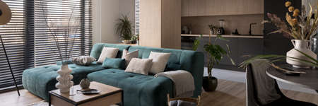Panorama of big, blue and cozy corner sofa in modern living room with big windows open to stylish kitchenの写真素材