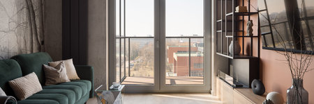 Panorama of balcony window in stylish living room with cozy sofa, tv and decorations on shelves