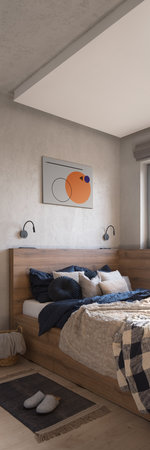 Vertical panorama of stylish bedroom with cozy bed in wooden frame and decorative bedclothesの写真素材