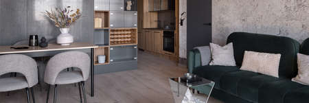 Panorama of modern room with dining table with gray chairs next to cozy green sofaの写真素材