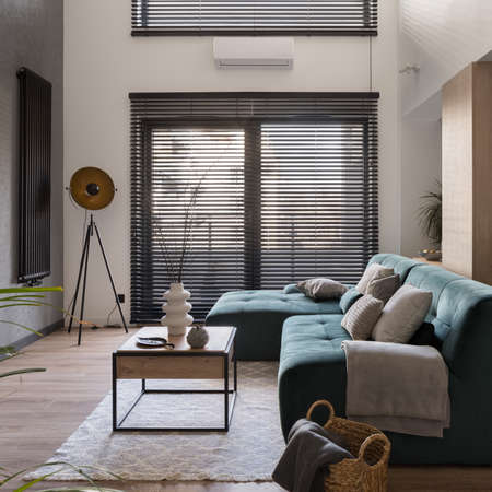 Big windows with black blinds, stylish furniture and decorations in modern living roomの写真素材