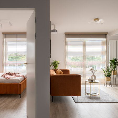 Elegant flat with big windows, wooden floors, velvet furniture and bedroom next to living roomの写真素材