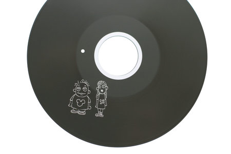 illustrated man and woman on floppy disk