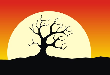 Silhouette old tree with moon. Vector.のイラスト素材