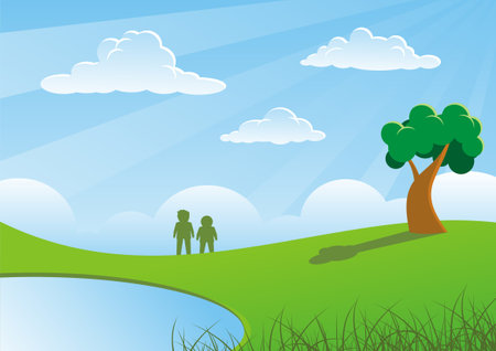 Two people and tree on grasses のイラスト素材