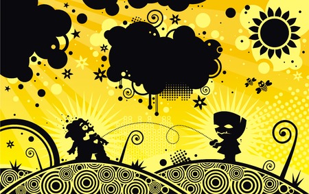 Silhouette two monster on spring backgroundのイラスト素材