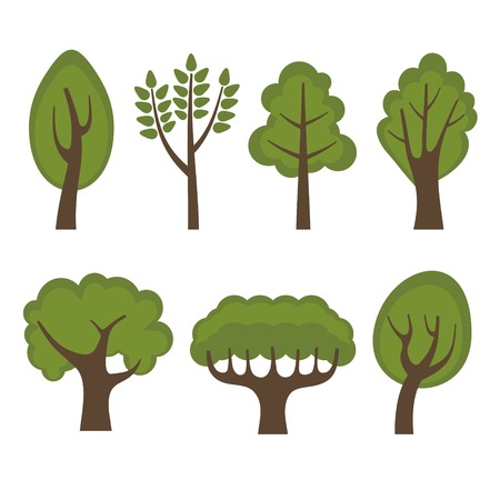 Set of Different Green Trees Cartoon Style. Vector illustrationのイラスト素材